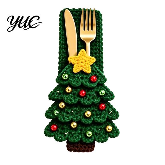 Tableware Storage Bag Christmas Crochet Cutlery Holder, Santa Snowman Reindeer Tree Flower Knife Dining Table Accessories Fork Spoon Sleeve
