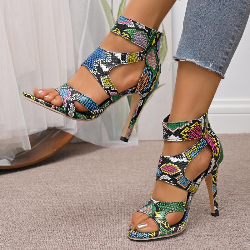 Красочные босоножки на супервысоком каблуке с узором змеи, женские, лето 2025, дизайнерские, с перекрестными ремешками, сексуальная клубная обувь для женщин
