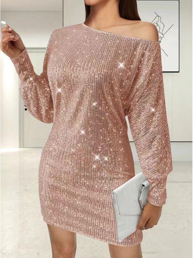 2024 Spring/Summer Women's One-Shoulder Sequin Midi Dress with Long Sleeves