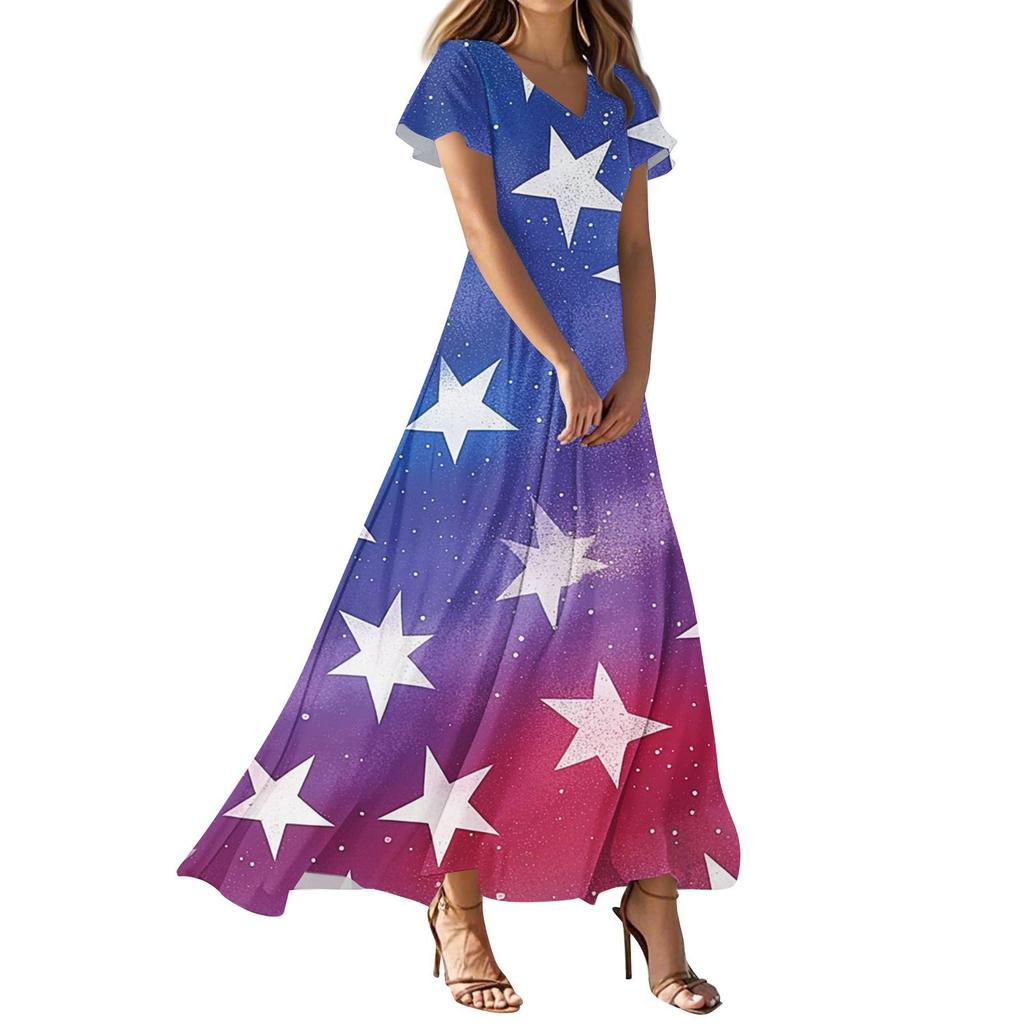 Женские повседневные модные платья с принтом ко Дню независимости, платья с коротким рукавом и V-образным вырезом