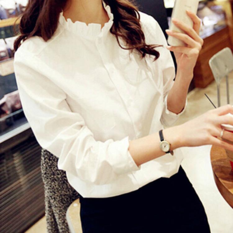 New Women's White Ruffle Edge Standing Collar Long Sleeved Professional Shirt Women's Loose Top