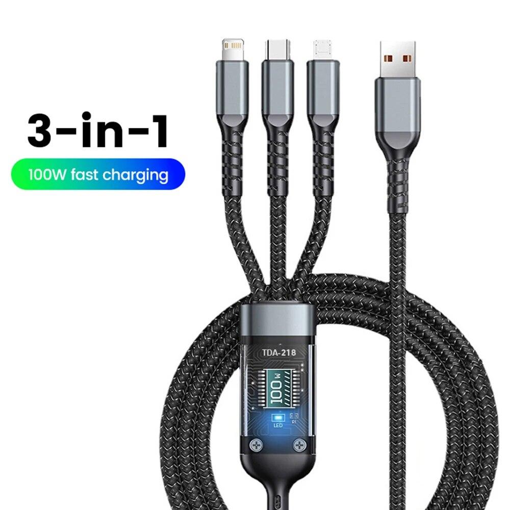 Кабель для быстрой зарядки мощностью 100 Вт с USB Type C, Micro USB и совместимостью с Lightning — длина 1,2 м, прозрачный чип, функция ночной подсветки