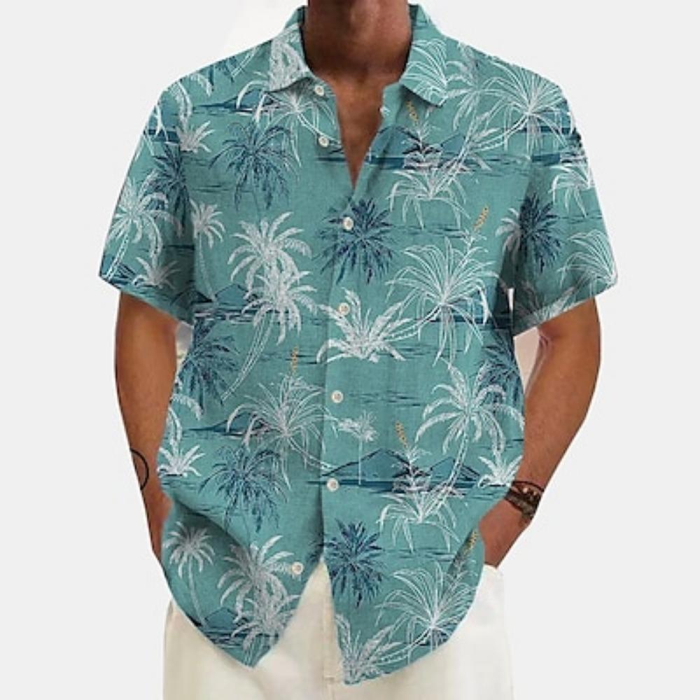 Мужская летняя гавайская рубашка на пуговицах Coconut Tree Vacation Белый Зеленый Хаки Темно-синий с коротким рукавом и воротником Весна/Лето Одежда