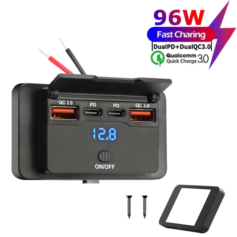Автомобильное зарядное устройство с 4 портами Dual PD Dual QC 3.0 USB с переключателем, 96 Вт, разъем для быстрой зарядки, USB-питание для 12 В/24 В автомобиля, лодки, автобуса, автофургона, грузовика