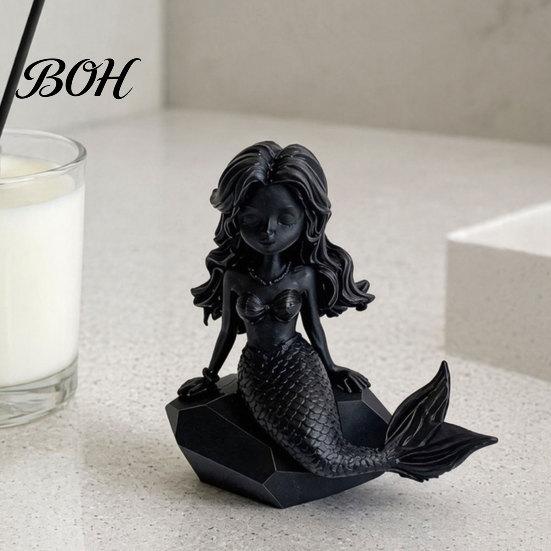 Cartoon Mermaid Figurine 3D Printed Action Figure, Dark Gothic Style with Matte Black Finish, Movable Joints Wavy Hair Design & Wide Rock Base, Decor