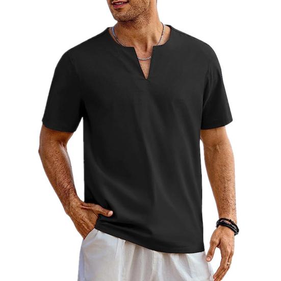 Мужская летняя футболка однотонная с коротким рукавом и v-образным вырезом, мягкий дышащий хлопок и лен, пуловер средней длины, повседневный повседневный пляжный топ