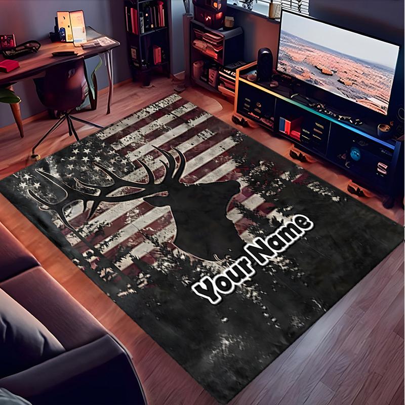 1PC Custom Name American Deer Flag Theme Floor Mat Ideal for Living Room, Game Rooms, Office, Bedroom, Office Floor Mat , Floor Mats for Home