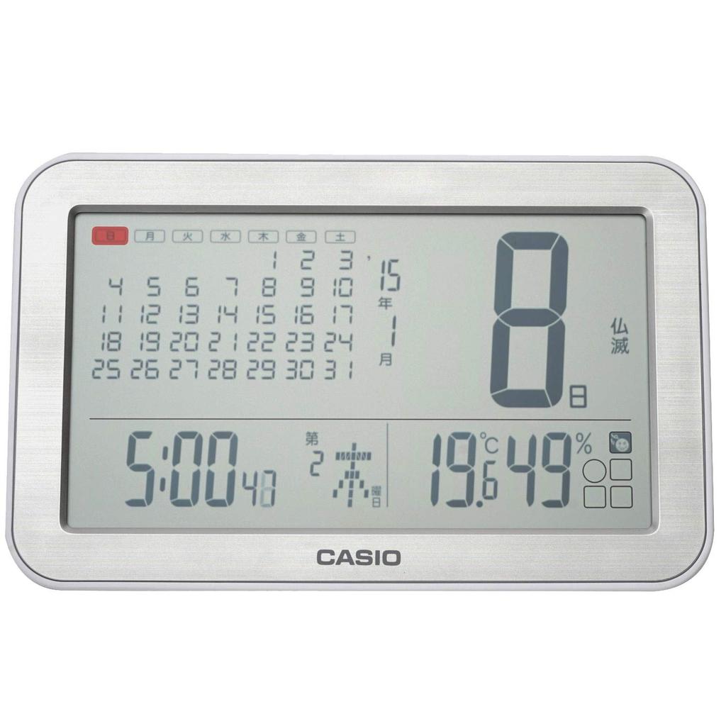 Настенные часы CASIO с радиоприемником, серебристые, цифровые, Rokuyo, дисплей с календарем и температурой, влажностью, можно использовать как подставку IDC-800J-8JF