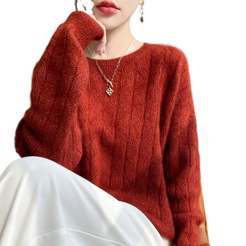 Women's White Silk Cashmere Loose Round Neck Sweater - Age-Reducing Solid Color Pullover
