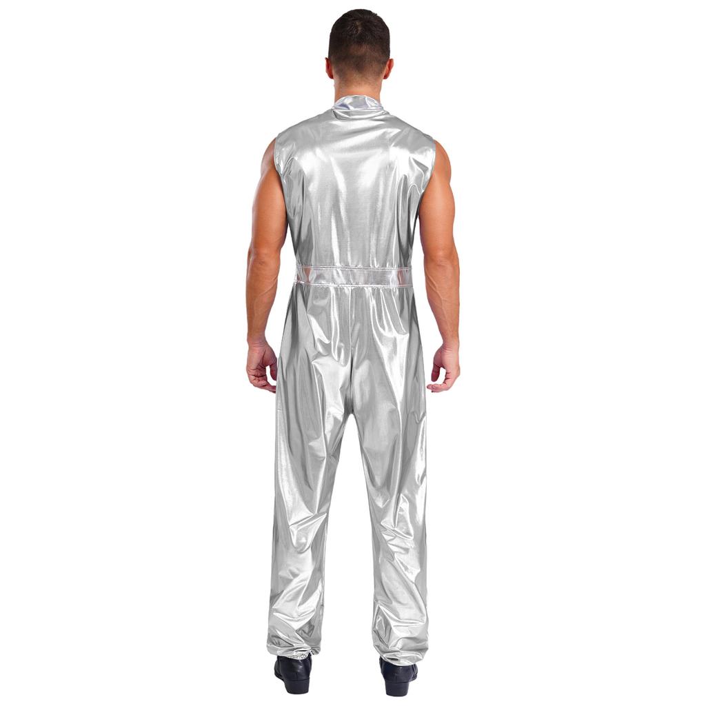 Mens Shiny Metallic Sleeveless Full Length Zipper Jumpsuit Bodysuit