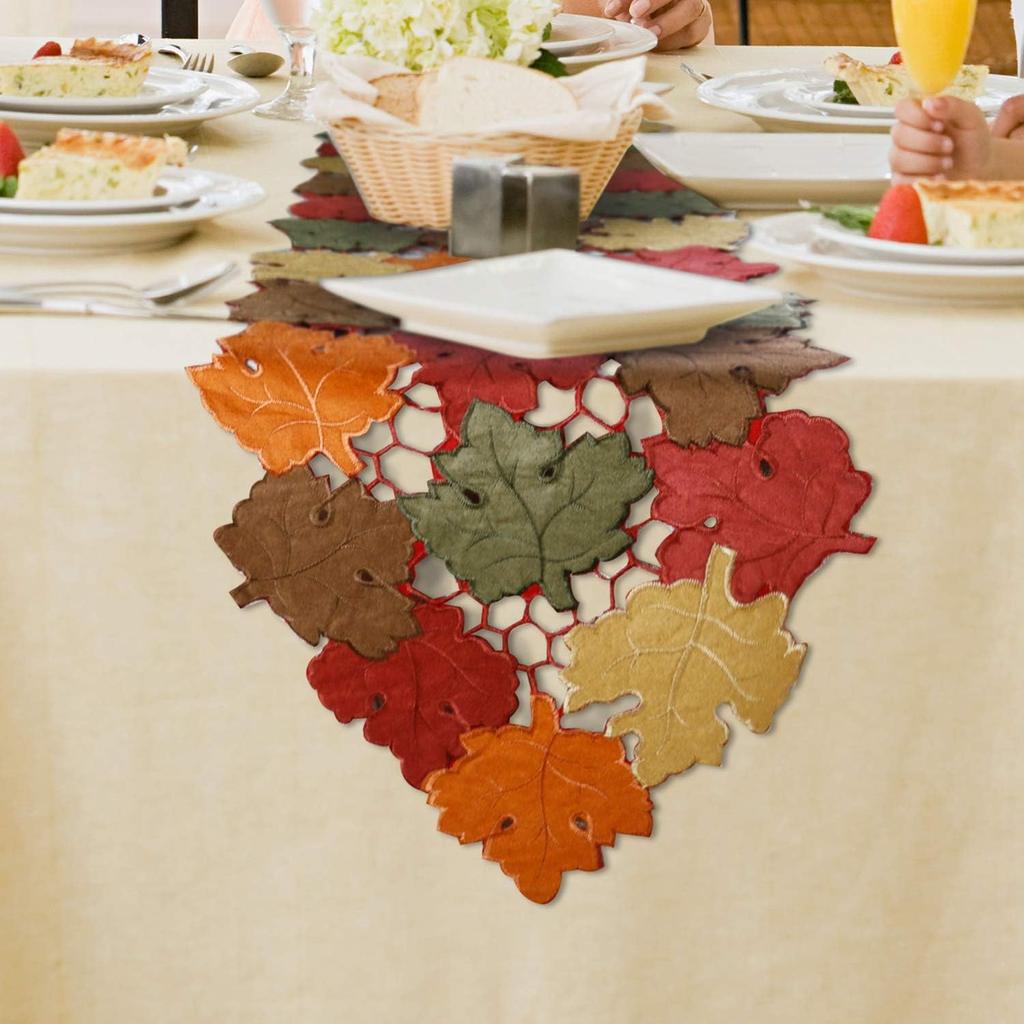 OWENIE Fall Table Runner 70 Inches Long, Thanksgiving Table Runner for Fall Decor, Embroidered Brown Harvest Maple Leaves Table Decorations ,