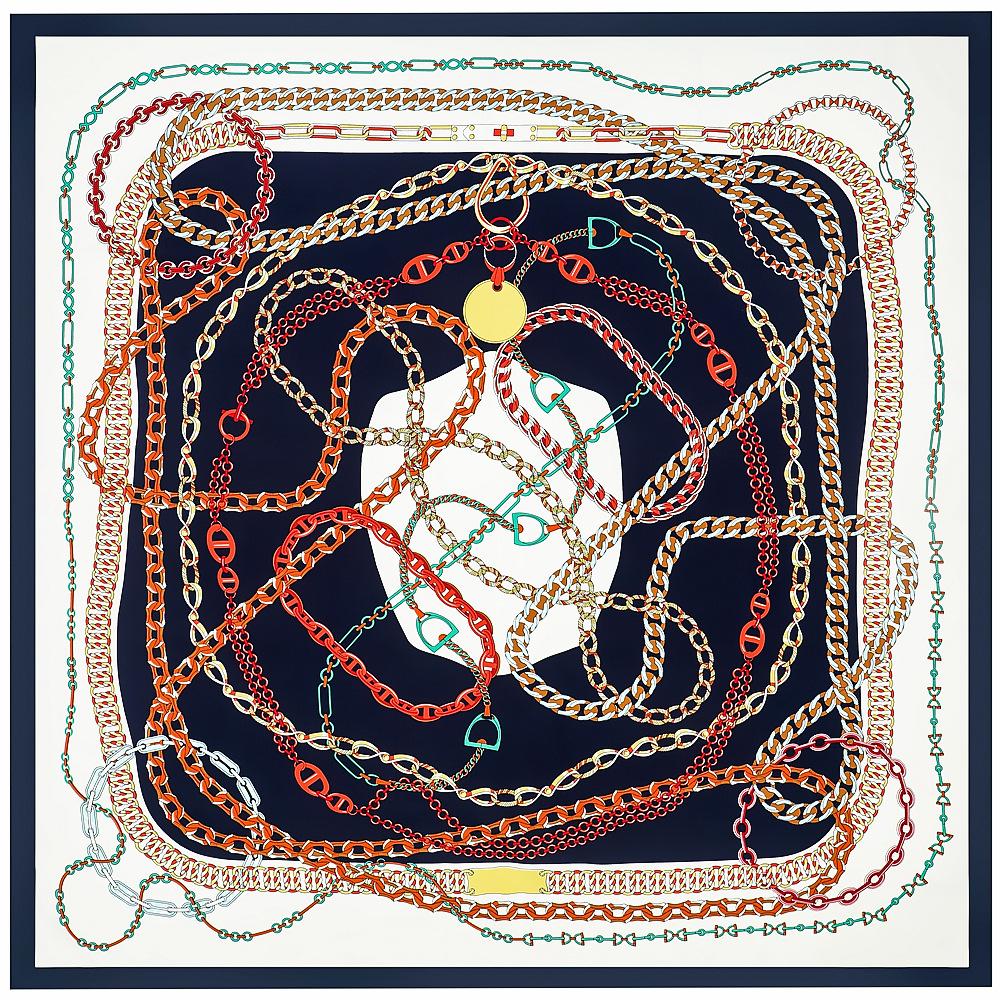 POBING Silk Scarf Women Large Shawls Chain Print Square Bandana Luxury NecKerchief Muslim Hijab Scarf Female Foulards 130CM