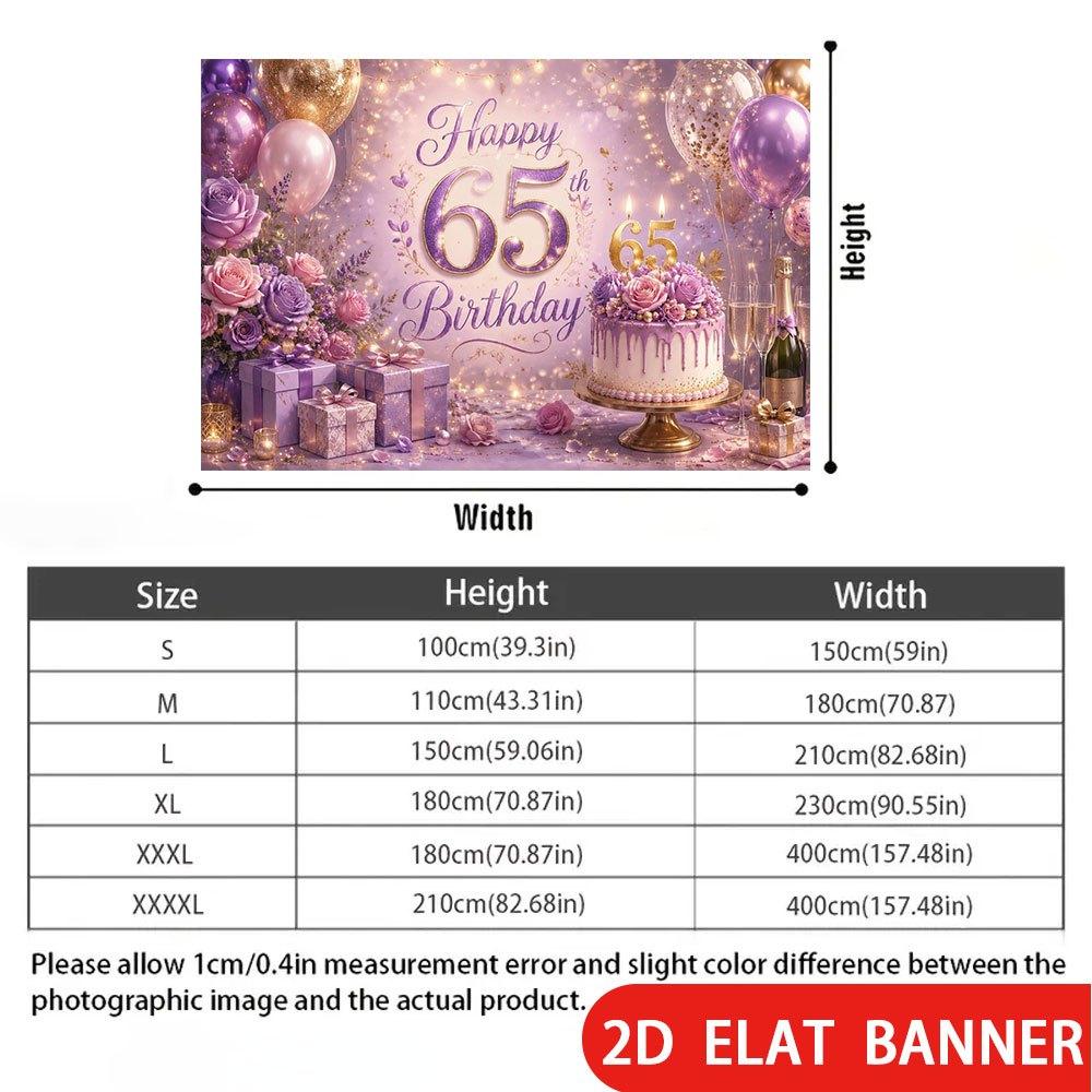 2D Flat Banner, 65th Birthday Backdrop, Purple and Golden Balloons, Flowers, Cake, Gift Box