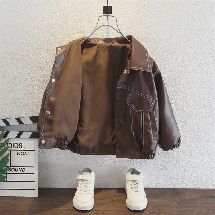 Kids' Stitch Leather Jacket - 2023 Korean Style Spring/Autumn Trendy Boys' Cool Jacket