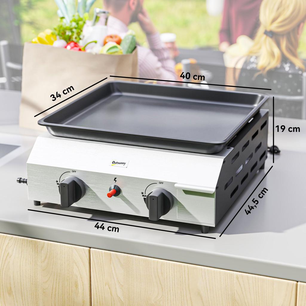 Gas Grill 8000BTU/2.4 KW Grill Cart incl. 2 Stainless Steel Burners Pressure Regulator 44 x 44.5 x 19 cm Silver+Black