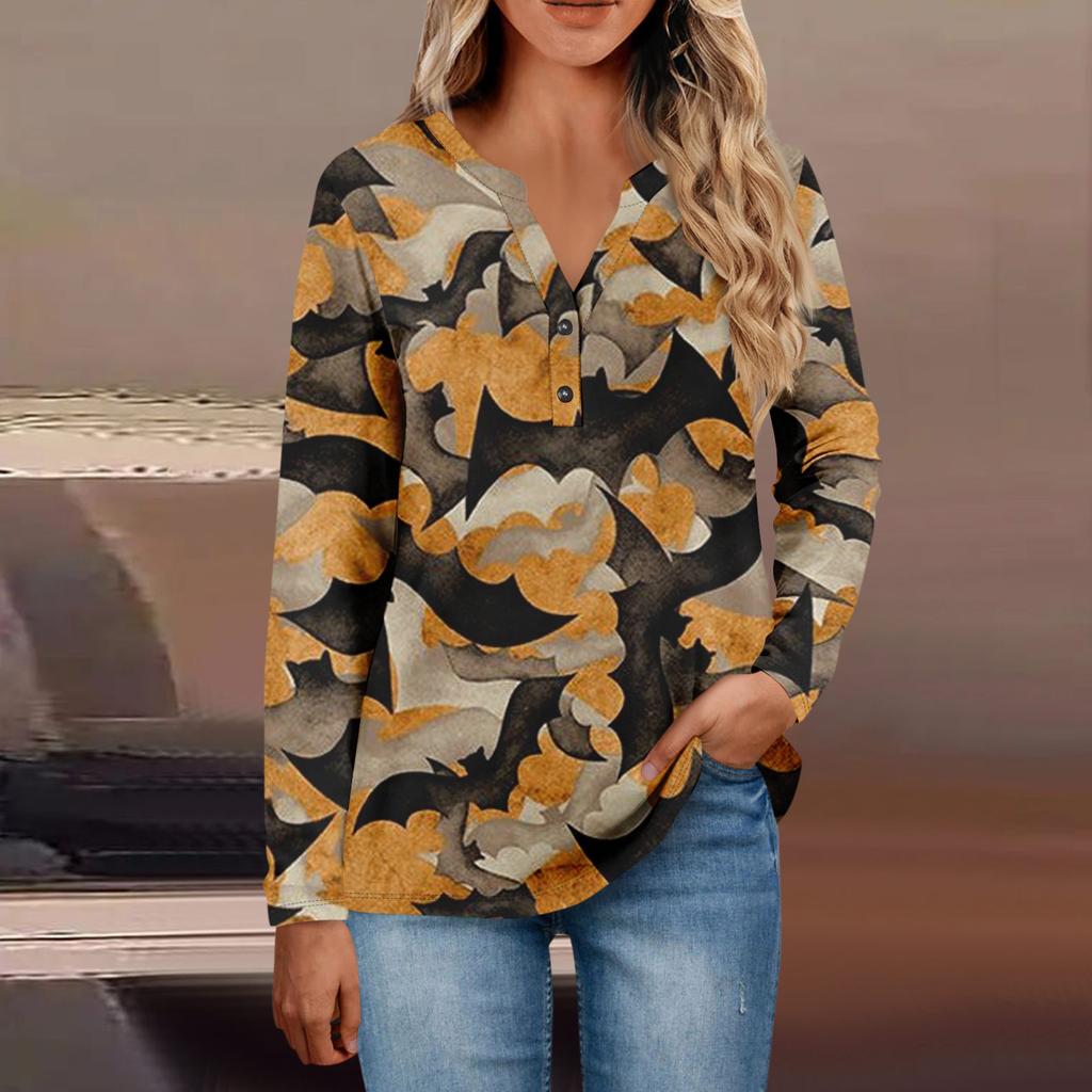 Women's Button Neck Tops Women's Casual Everyday Tops Long Sleeve V Neck Fashion Print Shirt Tops Pocket Tee Sweatshirts