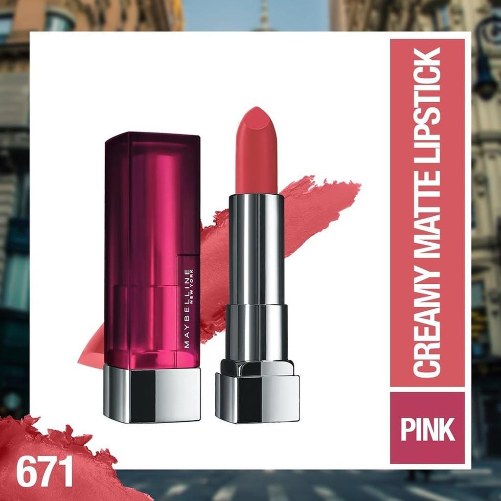 Maybelline New York Color Sensational Creamy Matte Lipstick Hydrating Long-Lasting 3.9g Intense Shades 671 Heated Pink