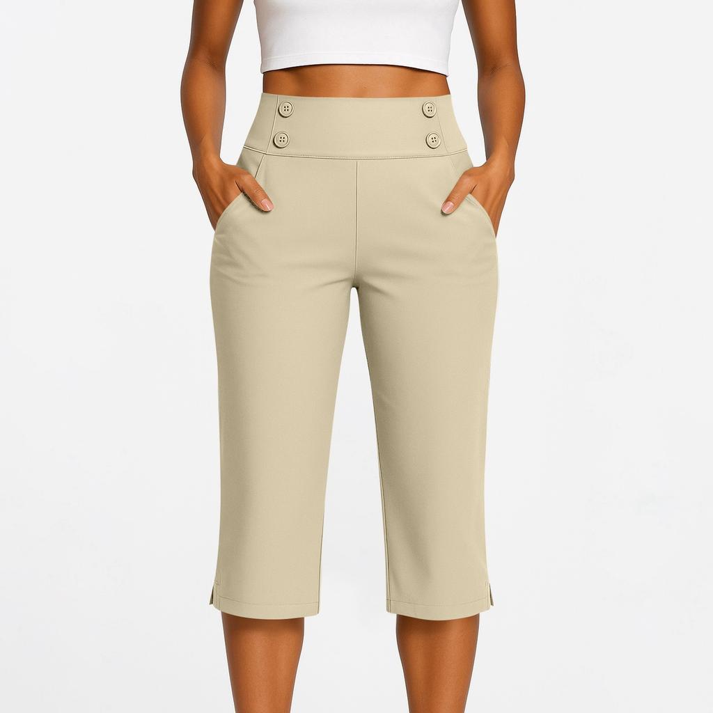 Women's Fashionable Solid Color Button Pocket Pants With Split Hems High Waist Sports Yoga Casual Cropped Pants