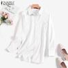 ZANZEA Женская элегантная однотонная свободная блузка на пуговицах с отложным воротником и длинными рукавами