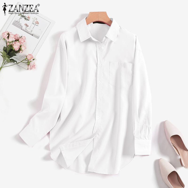 ZANZEA Женская элегантная однотонная свободная блузка на пуговицах с отложным воротником и длинными рукавами