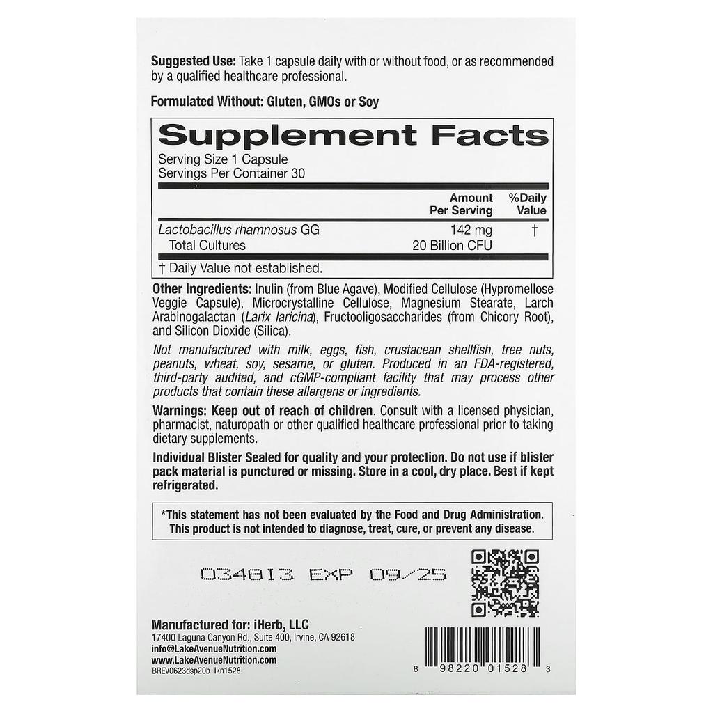 Пробиотик для поддержки пищеварения, смесь пробиотиков и пребиотиков с Lactobacillus Rhamnosus Gg, 20 миллиардов КОЕ, 30 растительных капсул