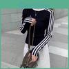 Stripe Three Modal Autumn Spring Print Long Sleeve Tee Women Round Neck Casual Warm Base Layer Top