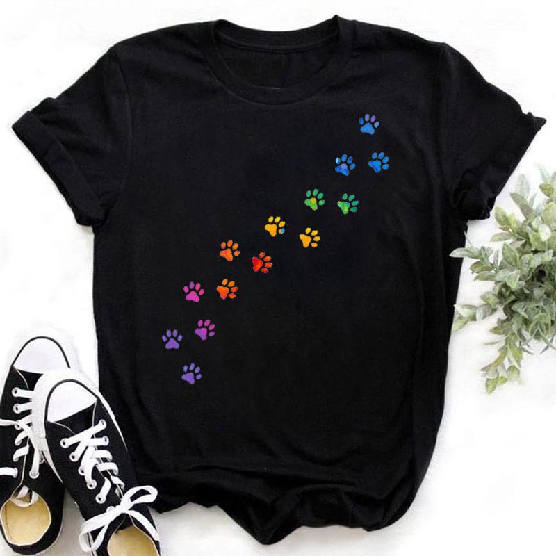 100% Polyester Women's Summer Casual Top with Cute Cat Dog Paw Print round Neck Short Sleeve T-shirt Fashion High Street Style gift