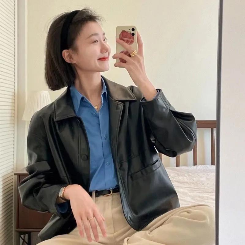 Женская весенне-осенняя винтажная куртка из тонкой искусственной кожи на лацканах, однобортная