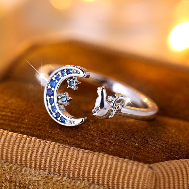 Простые серебряные кольца с луной и звездами для женщин и девочек, модные регулируемые украшения с голубым цирконием и кошкой