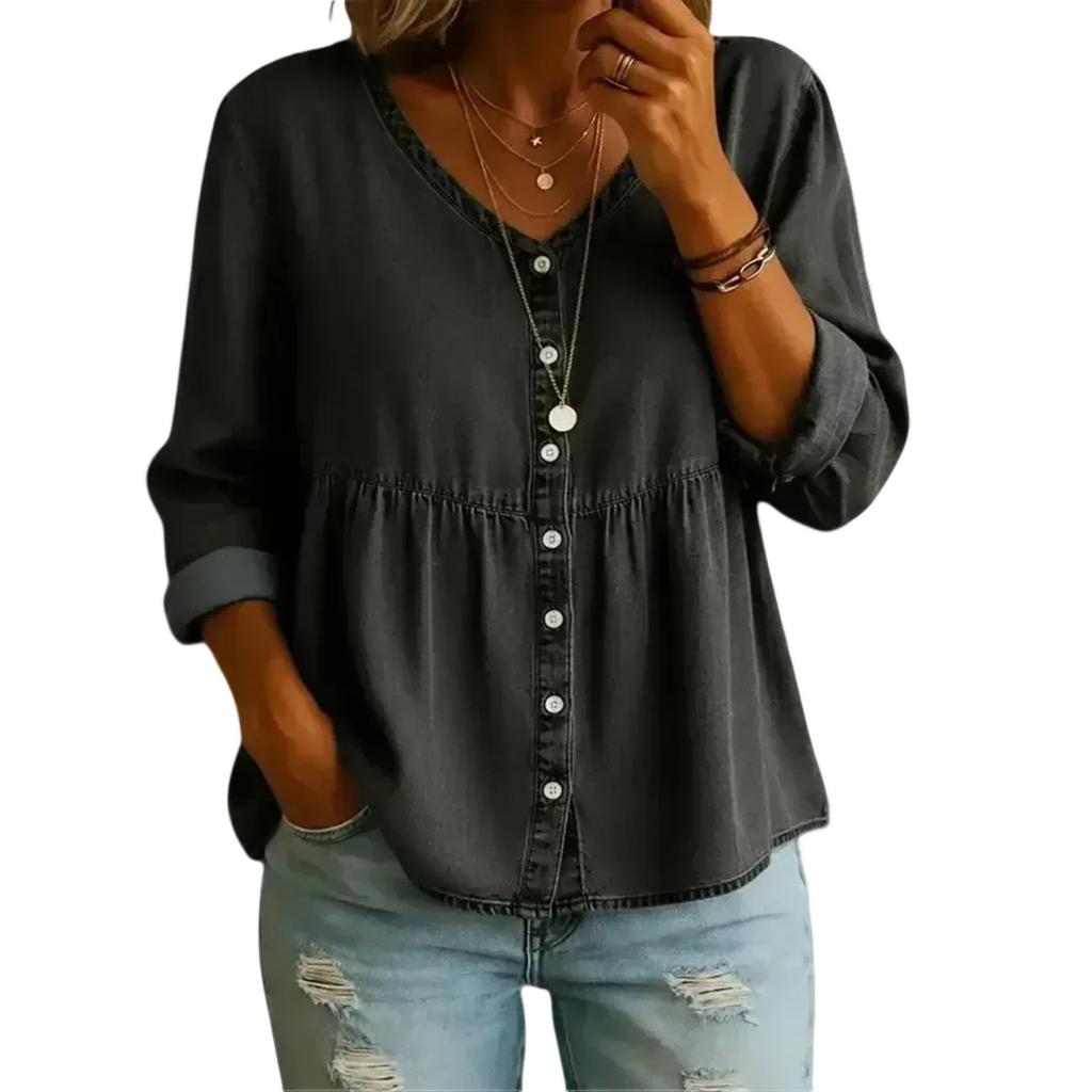 Women’s Loose Fit Denim Button Down Blouse Long Sleeve Casual Peplum Top with V Neck and Front Pocket Design