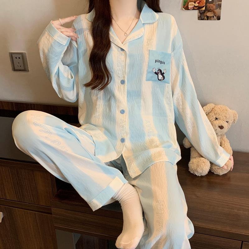 Cartoon Polka Dot Doll Collar Cloud Cotton Sweet Pajamas Ladies Loungewear Long Sleeve Set