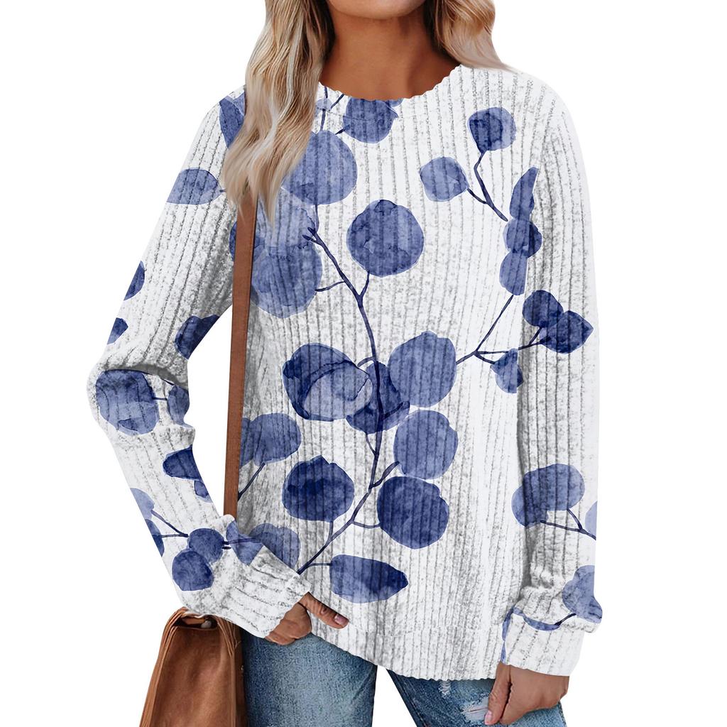 Women's Winter Color-Block Printed Lightweight Brushed-Cotton Round Neck Top