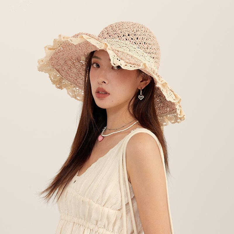 Складная соломенная шляпа с кружевной кромкой, женская летняя плетеная шляпа с бантом, солнцезащитный козырек от солнца, пляжная шляпа