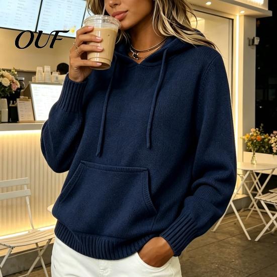 Women Knit Hoodie for Fall Winter, Long Sleeve Pullover Sweater with Front Pocket Pocket, Solid Color Casual Hooded Top Outerwear Comfortable