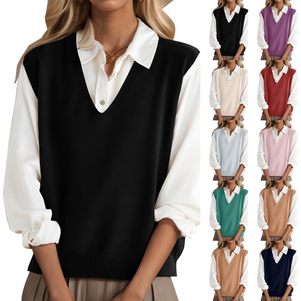 Fashionable Girls V-neck Knitted Vest All-match Waistcoat Temperament Casual Sweater