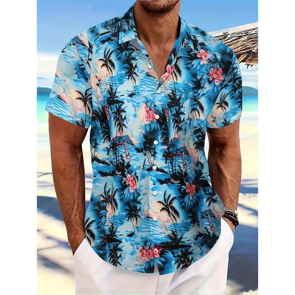 Men's Lapel Shirt Summer Beach Short Sleeve Outdoor Daily Shirt Tops Floral Printed Pattern Loose Men's Clothing