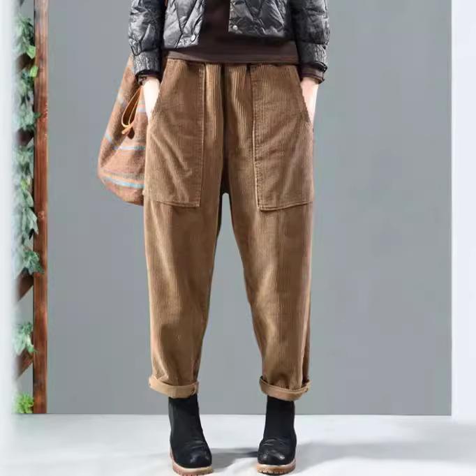 Женские винтажные вельветовые брюки осенние длинные брюки повседневные эластичный пояс свободные панталоны палаццо женские шикарные репы