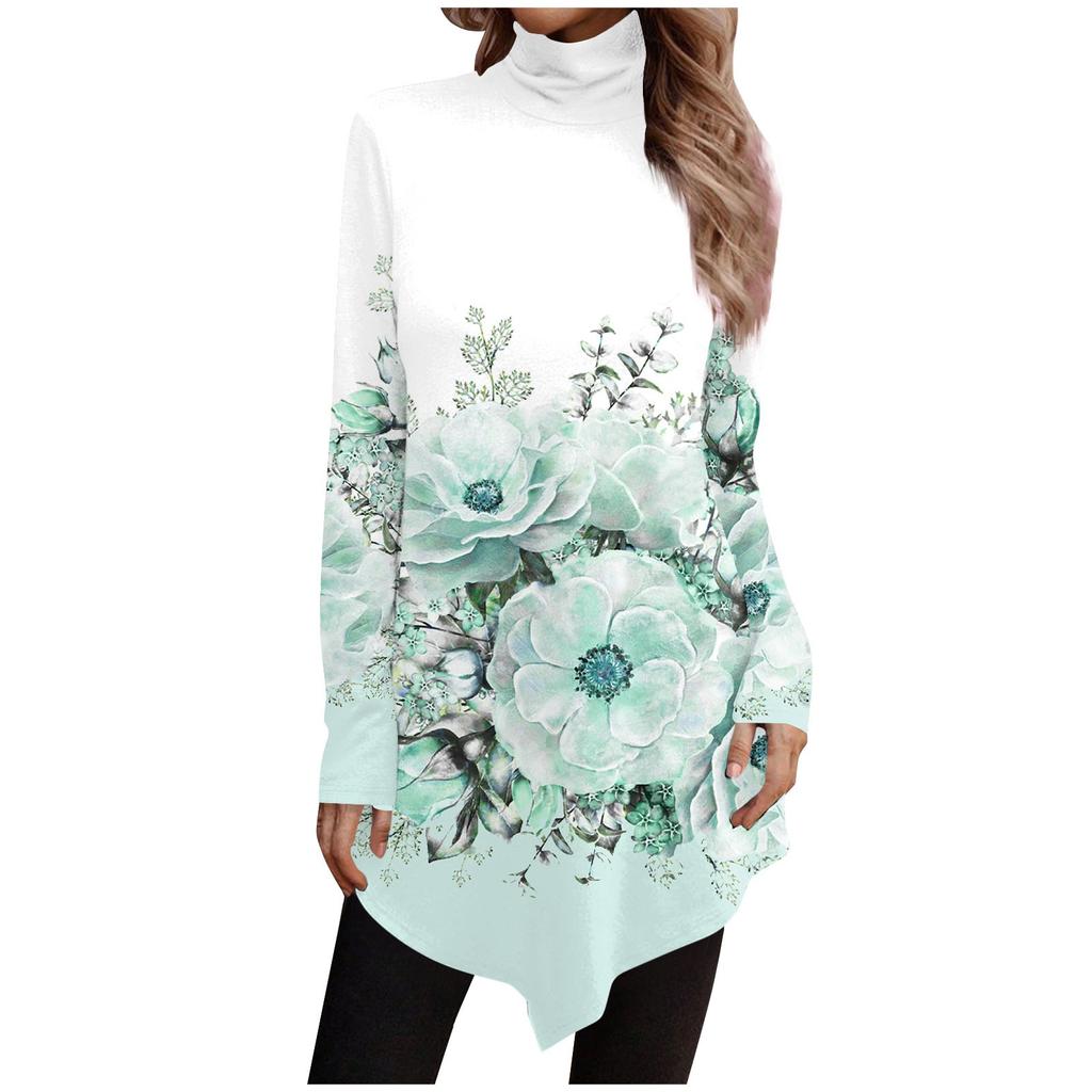 Casual Fashion Floral Print Shirt Tops High Neck Irregular Hem Long Sleeve Pullover Tops