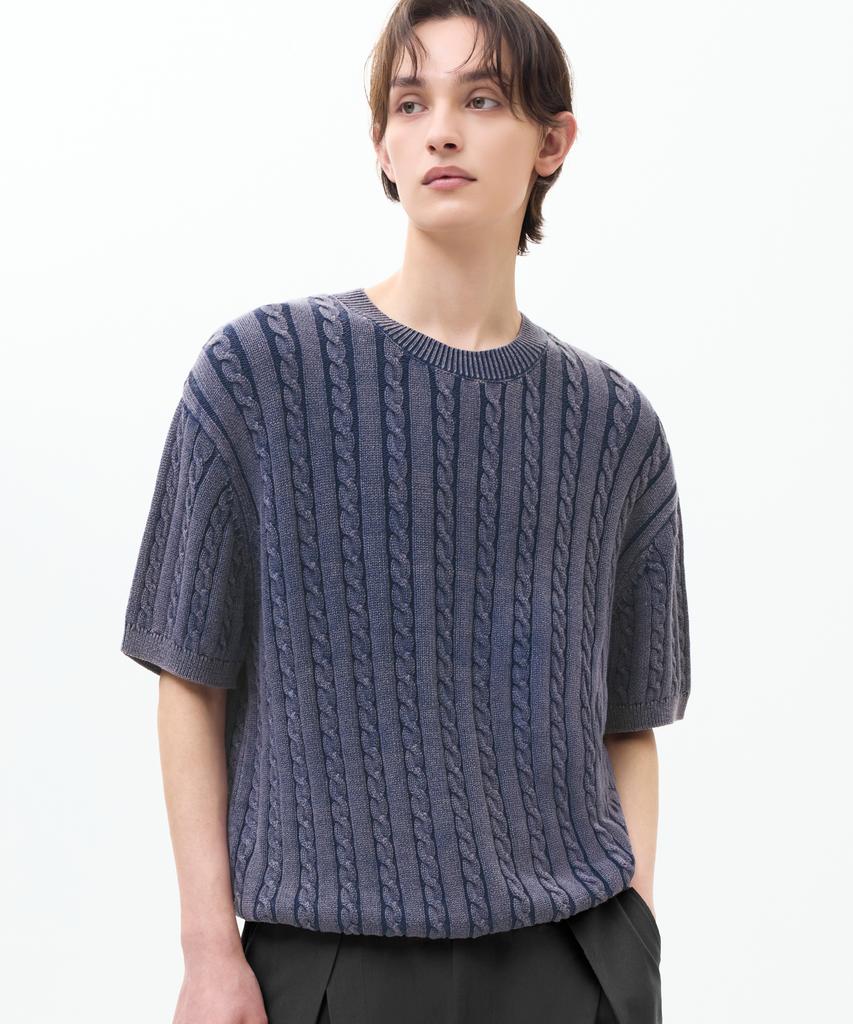 TRILLION Vintage Washed Cable Half Sleeve Knit [Navy Blue]