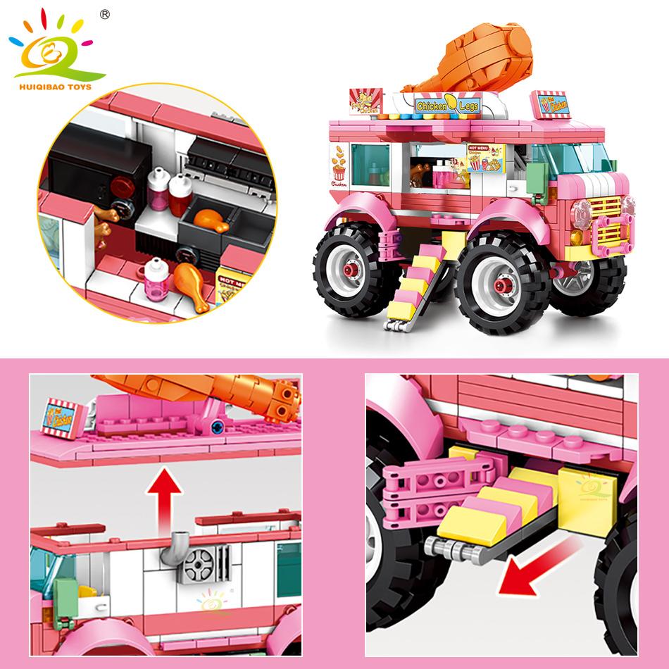 City Outing Bus Ice Cream Burger Shop Car Building Blocks Food Snack Street View Store Van Bricks Toy For Children Girl