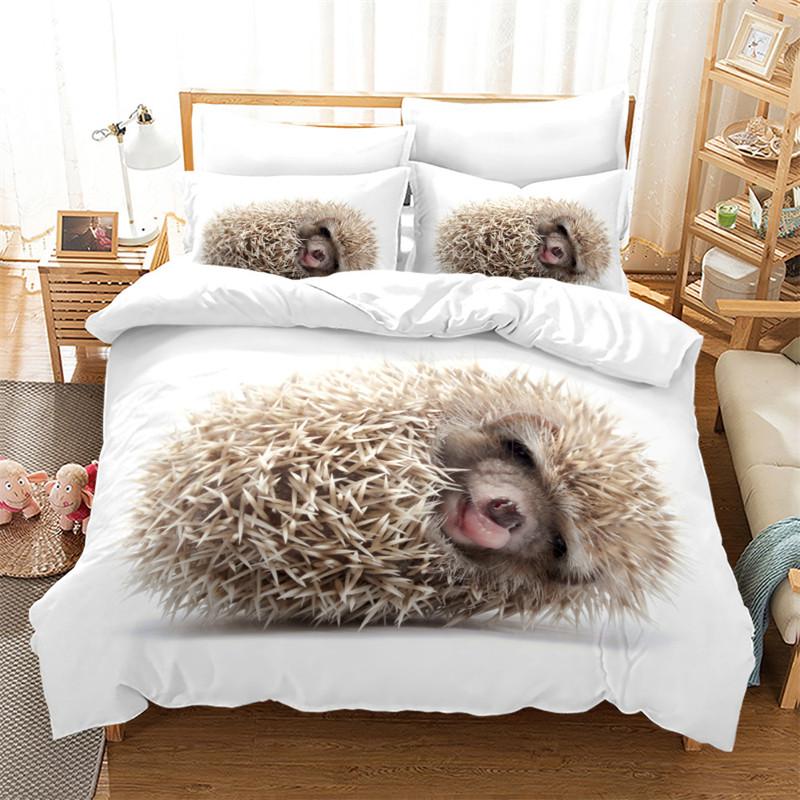 Hedgehog Bedding Set Cute Kawaii Wildlife Comforter Cover With Pillowcases For Kids Boys Girl Polyester Bedding Set King Size