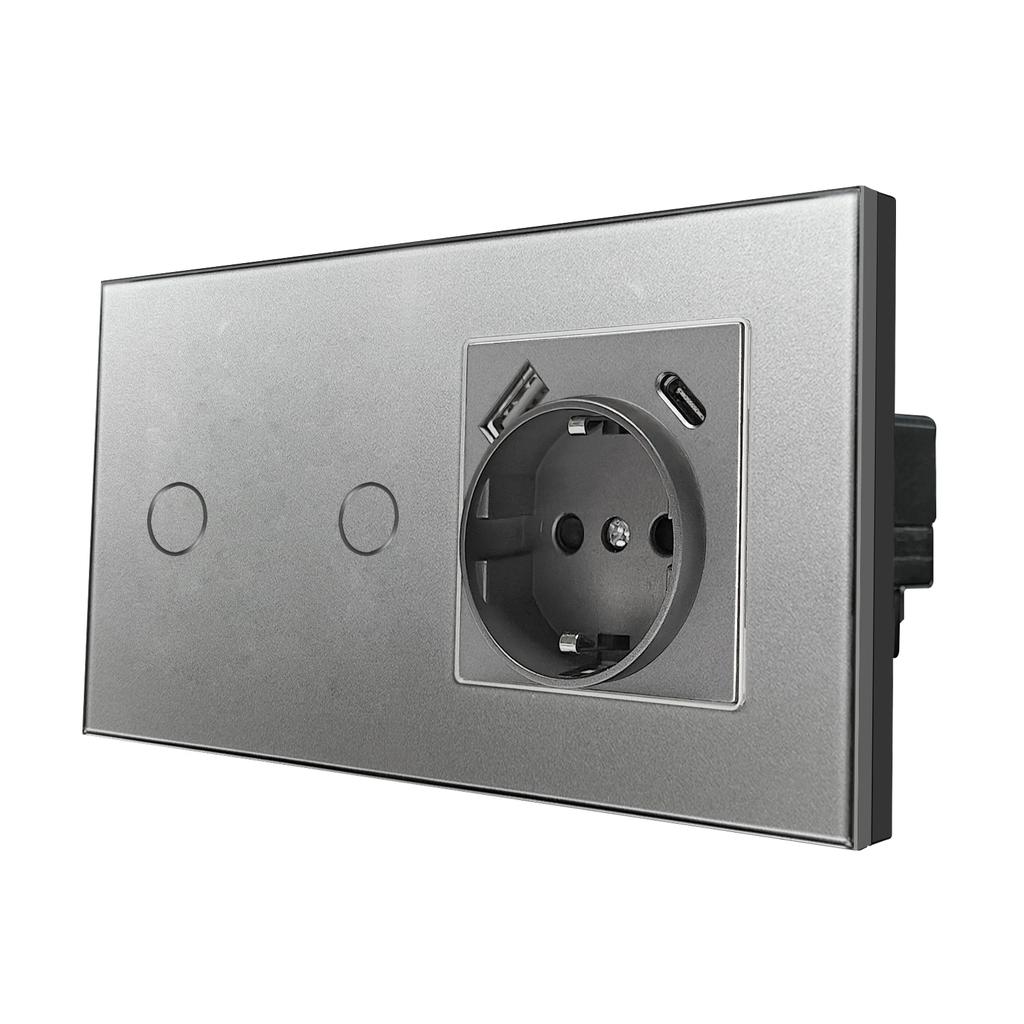 Сенсорный выключатель света из серого закаленного стекла европейского стандарта с разъемом USB C, настенный выключатель 220 В вкл./выкл., круглая нижняя коробка с двумя розетками
