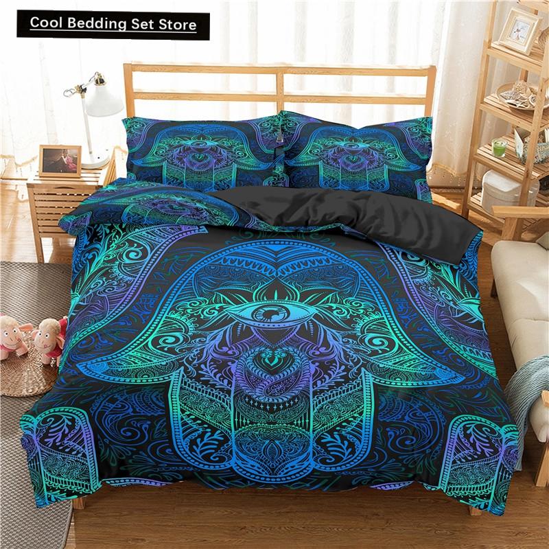 Comforter Hamsa Hand King Queen Gold Lucky Hand Of Fatima Bedding Set Black Boho Hippie Polyester Comforter