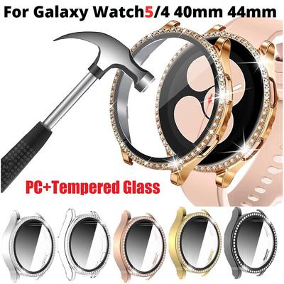 Стекло LUJING + чехол для Samsung Galaxy watch 4, 44 мм, 40 мм, аксессуары, Bling Diamond, чехол для ПК, бампер + защитная пленка для экрана, чехол для Galaxy watch4