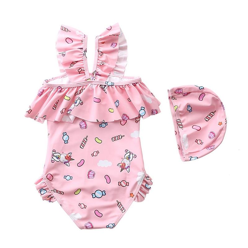 Купальники с рюшами для маленьких девочек Пляжная одежда принцессы с шапочками для плавания