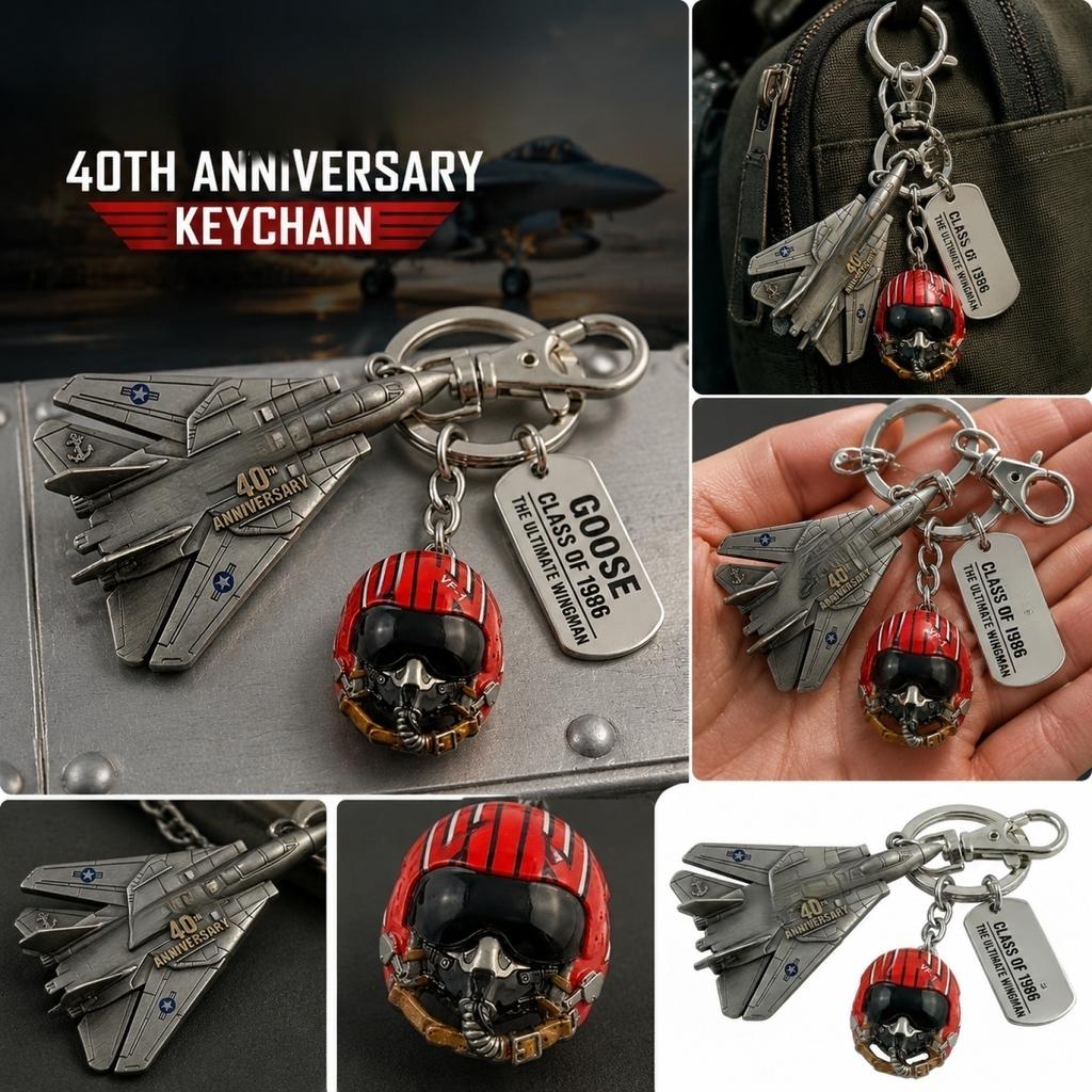Metal Fighter Jet Keychain with Pilot Helmet and Dog Tag 40th Anniversary Commemorative Collectible Accessory for Aviation Enthusiasts and Collectors