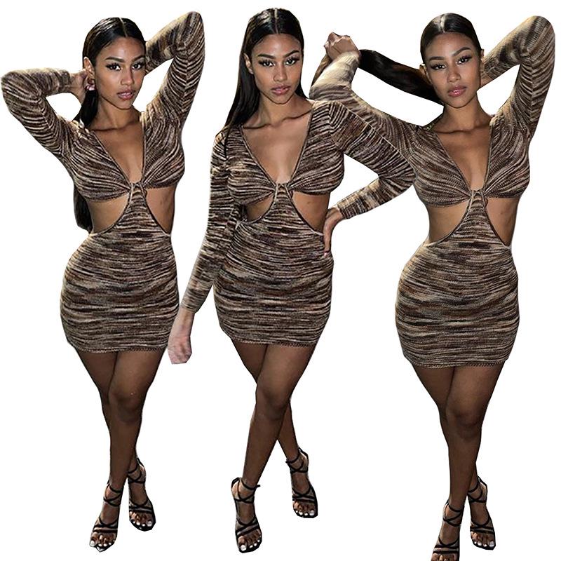 JH5906 Женское сексуальное платье в европейском и американском стиле с V-образным вырезом и длинными рукавами в рубчик