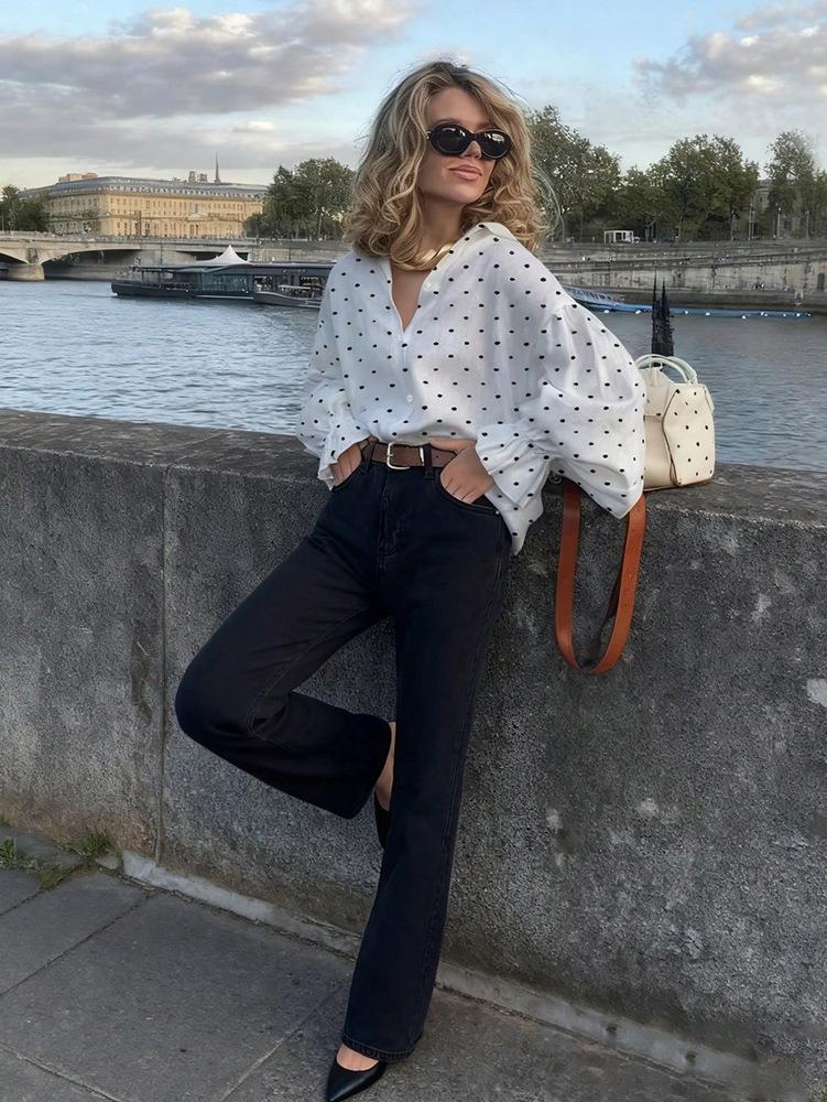 Женская свободная рубашка в горошек на пуговицах - Коллекция Весна/Осень 2026