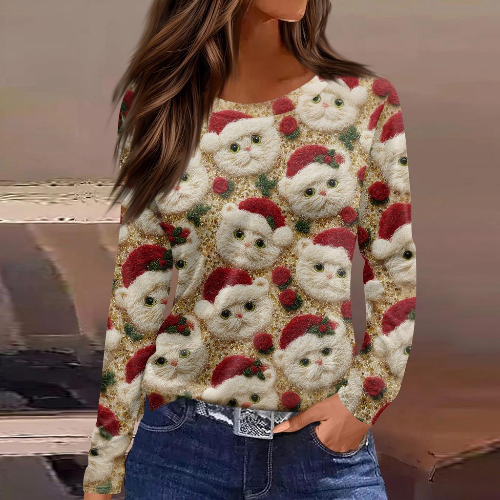 Женская модная повседневная свободная футболка с разрезом и круглым вырезом с длинным рукавом с принтом, женский топ