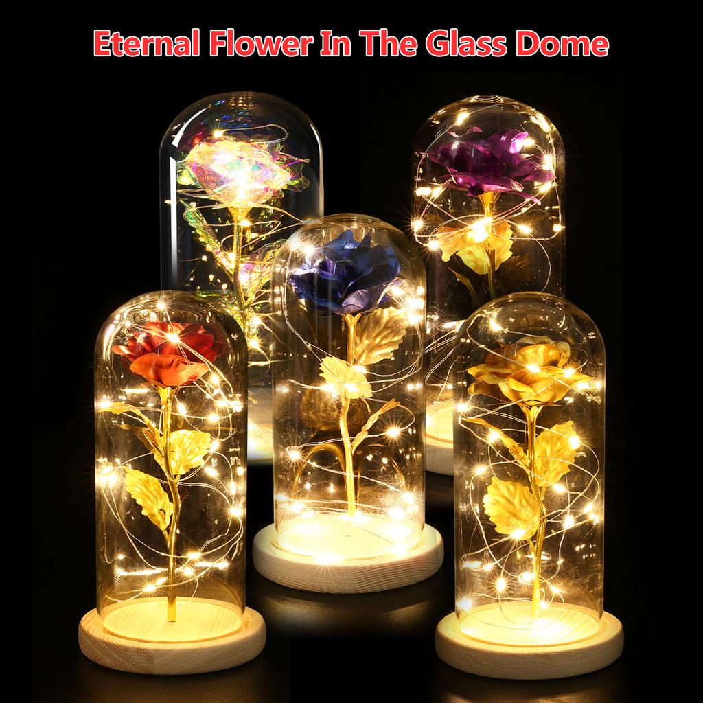 Подарок на день рождения Красивый сохранившийся цветок розы Светодиодный светильник со стеклянной крышкой на деревянной основе День Святого Валентина